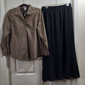 Chico's Black/Tan Striped Skirt: sz: 8-10 & Black Skirt: sz: 16S Set
